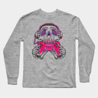 A skull gamer holding a pink joystick controller and wearing headphone. Long Sleeve T-Shirt